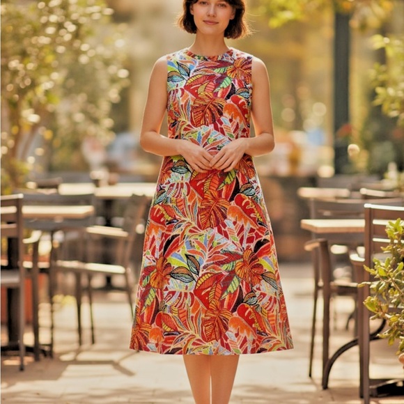C&C California Colorful Leaf Print Sleeveless A-Line Linen Summer Dress Sz Large - Picture 13 of 13